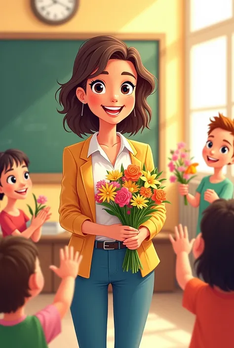 Emily Eldridge style，Cartoon cute drawing style， sunny, bright background classroom, teaching blackboard, a teacher holding flowers, smiling, some students around clapping some holding flowers, very happy, sharpie markers illustration，flat style，simple lin...