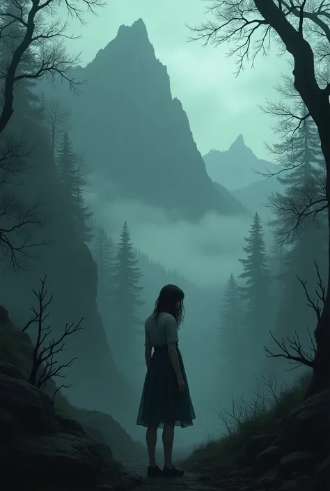 Young girl of 30 years, melancholic look , forest behind her, silent hill style fog, dense forest mountains around.