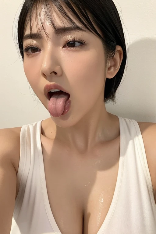 日本人woman,、Face close-up、Smooth Skin、masterpiece、Highest quality、8K Photo、((close your eyes and open your mouth slightly))、close your eyes、Suffering face、(Wrinkles around the eyes:1.2),woman, 2, Tank top、length, Pointed nose,,,,,,,,,,,,,,,Strong Nose、length...