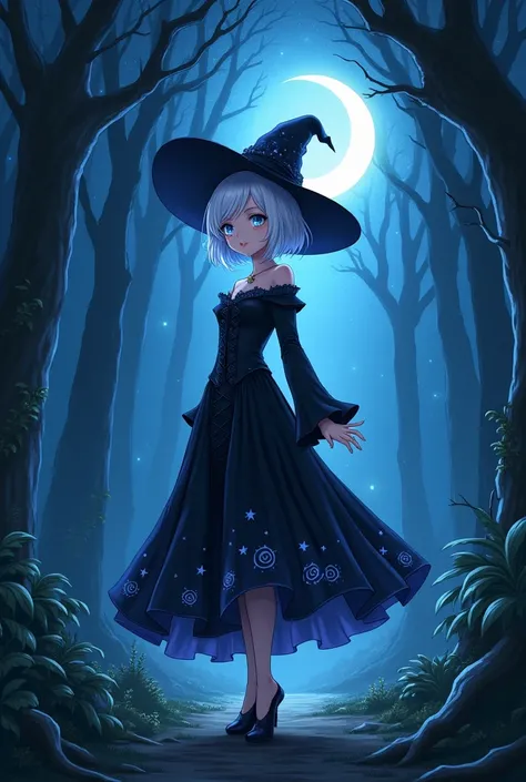 Anime Woman with short white hair, blue eyes, walking in the night in the middle of a forest with a crescent moon in the sky, wearing a witch hat and a black gown with star and spiral patterns on it.