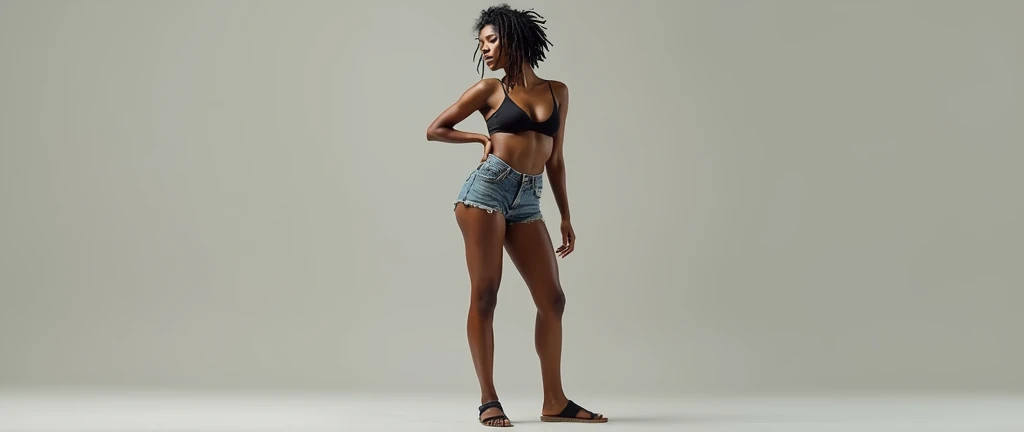 A black woman with perfect body and perfect long legs wearing a jeans short shorts and a top less and a black havaianas slippers, with a short dreadlock haircut, on a sexy and hot pose, perfect legs, sexy, hot, perfect ass long legs body and tits, open leg...