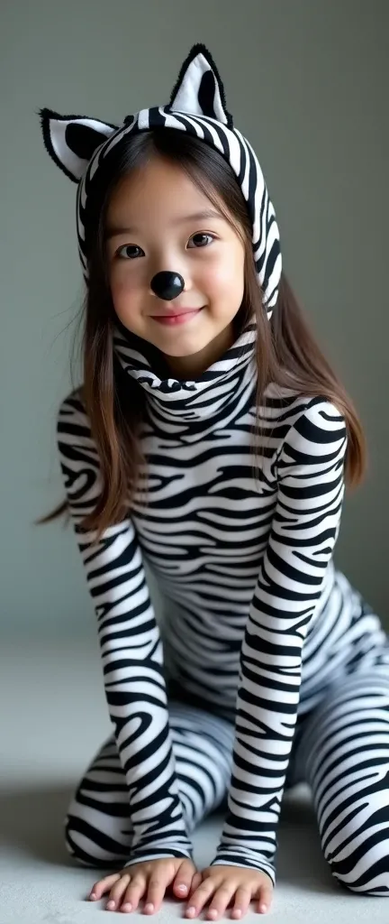 The beautiful taiwan asian adult girl with beautiful cheeks wears zebra print lycra turtleneck unitard catsuit covered with stripes and zebra print  lycra elastane stretchy dancewear inner hijab-like zentai hood.She is happy to crawl.She always put fake ca...