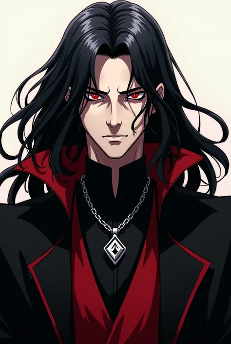 Alucard from the Hellsing series wears a black robe and his clothes are mostly black with very little white, he wears noble clothes, the iris of his eyes is red with vertical pupils and he has a shounen anime drawing style.