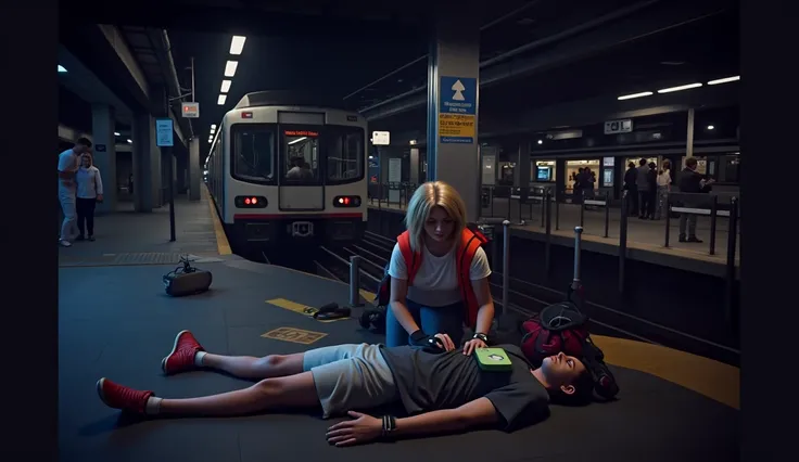 Scene at subway station，A subway train passing by in the background，Someone in front is using an AED to rescue the person lying down，3d，OC Renderer，High quality local rendering, Clean 3D Rendering，Hyper-realistic 3D rendering