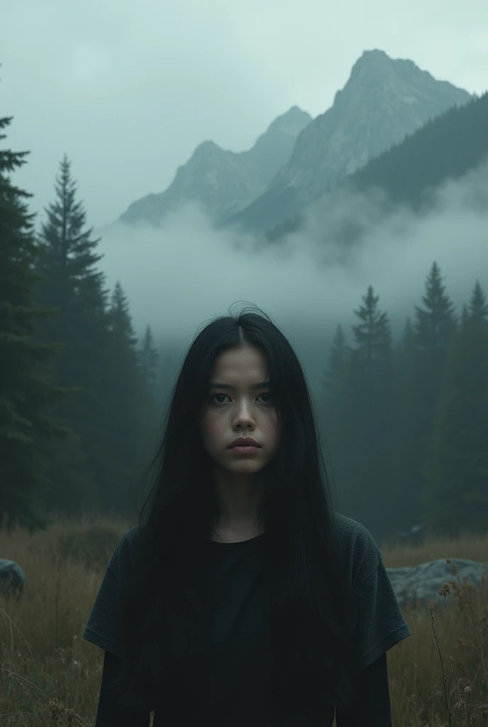 Young girl of 30 years old facing forward looking, melancholic look long black hair , forest behind her, silent hill style fog, dense forest mountains around.