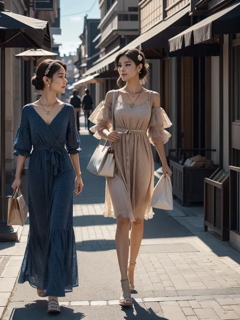 With a paper bag in each hand,ボディコンdress,最high quality, masterpiece, High resolution, Two people,dress, hair accessory, necklace, jewelry, Beautiful Face, On the body, Tyndall effect, Realistic, Walking down the street, (Skin with attention to detail: 1.2)...