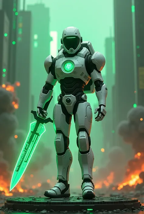 Man wear cyberpunk robocop armor suit white keyboard PC concept. Helmet like PC monitor.. Long mechanize Sword from classic white keyboard. Keyboard pad design as sword. Binoculars eyes.keyboard on chest. Big turn off button logo on chest glowing green ,. ...