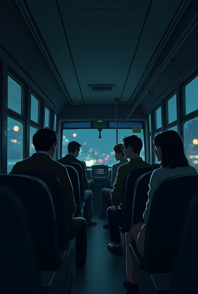 In night travelling bus with his wife and conductor are talking with man and other no one in bus