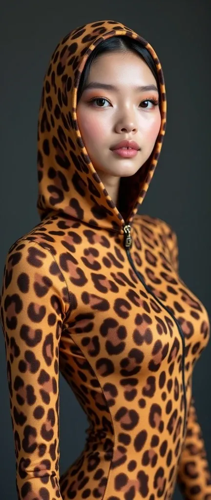 The beautiful,slender thin and clever asian chinese adult girl with beautiful and shiny cheeks wears  giraffe print lycra turtleneck unitard catsuit covered with spots and  giraffe print lycra elastane stretchy dancewear inner hijab-like hood covered with ...