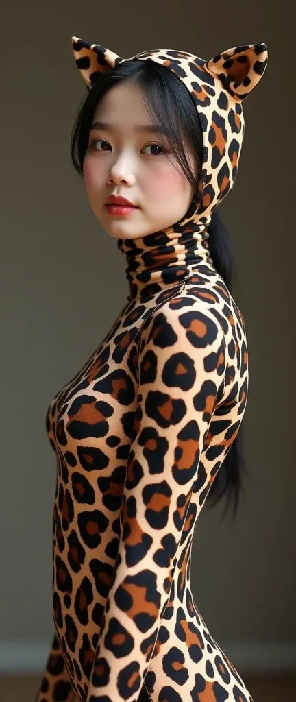 The beautiful,slender thin and clever asian chinese adult girl with beautiful and shiny cheeks wears  giraffe print lycra turtleneck unitard catsuit covered with spots and  giraffe print lycra elastane stretchy dancewear inner hijab-like hood covered with ...