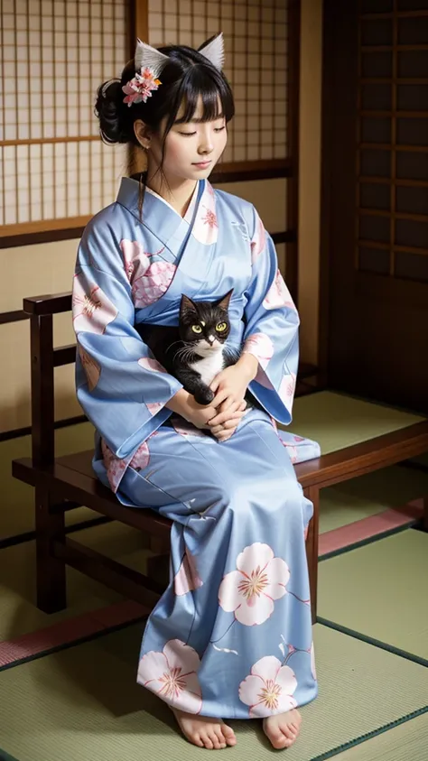 "A cute, fluffy cat wearing a traditional Japanese yukata with a colorful, floral pattern. The yukata is tied with a neat obi, and the cat looks adorable and dignified. The cat is sitting calmly, with its tail curled around its body, in a serene setting th...