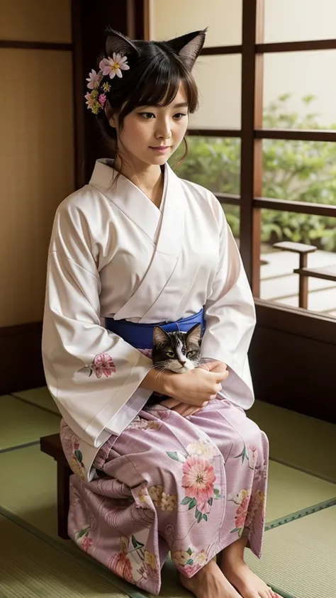 "A cute, fluffy cat wearing a traditional Japanese yukata with a colorful, floral pattern. The yukata is tied with a neat obi, and the cat looks adorable and dignified. The cat is sitting calmly, with its tail curled around its body, in a serene setting th...