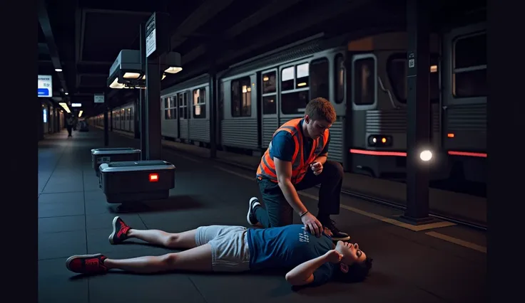 Scene at subway station，A subway train passing by in the background，Someone in front is using an AED to rescue the person lying down，3d，OC Renderer，High quality local rendering, Clean 3D Rendering，Hyper-realistic 3D rendering