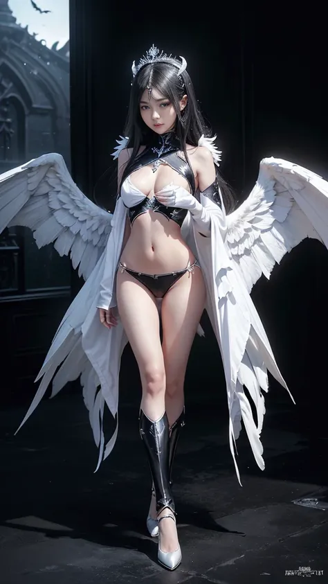 full body image, (Realistic picture, highest resolution, 16K), big wingsทุกปีก, (A demon with large wings and immense power., Twelve wings on the shoulders., Three black bat wings:1.5 , 3 white angel wings:1.5), Has 100 wings on the shoulders, There are 10...