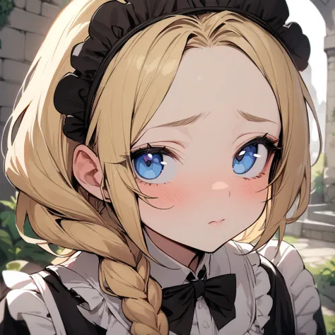 (female): solo, (perfect face), (detailed outfit), bratty expression, blue eyes, brat, baby face, blonde hair, long braided hair, maid outfit, (face close up), indoor, medieval garden, (masterpiece), (best quality), (sharp focus), (depth of field), (high r...