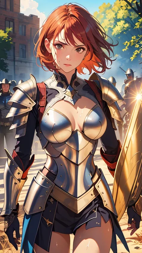 ((((masterpiece, Highest quality, High resolution)))), Extremely detailed 8K, 1 female, Wearing armor like a warrior, (Ultra HD, Very detailed, Very detailed, Very realistic, Ultra-realistic, Photo Real), (One person:1.5), (Realistic red hair), (Dynamic po...