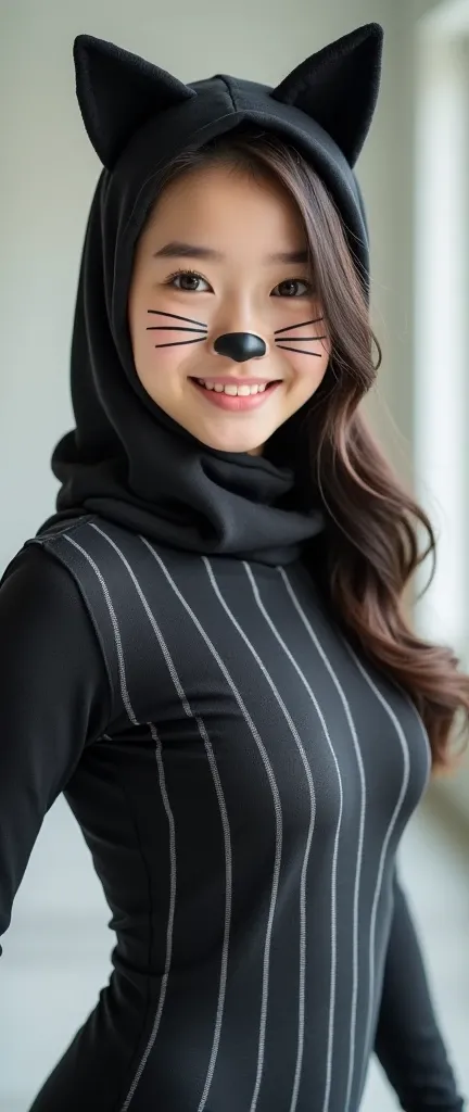 The beautiful Chinese asian adult girl with beautiful cheeks wears cat lycra turtleneck unitard catsuit covered with stripes and cat lycra elastane stretchy dancewear inner hijab-like hood covered with stripes.She is happy.She always put fake cat whsikers ...