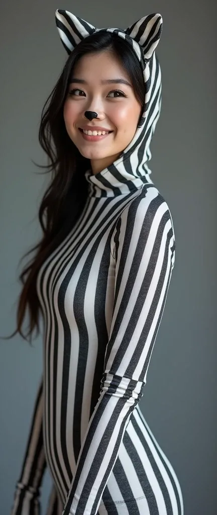 The beautiful Chinese asian adult girl with beautiful cheeks wears cat lycra turtleneck unitard catsuit covered with stripes and cat lycra elastane stretchy dancewear inner hijab-like hood covered with stripes.She is happy.She always put fake cat whsikers ...