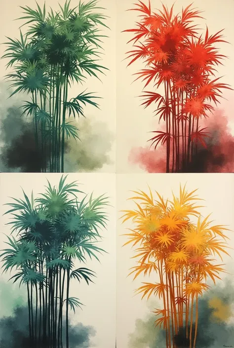 Generate a four-square Chinese painting of bamboo in different colors

