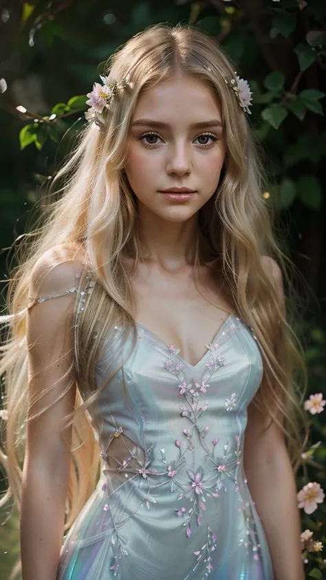 Generate an ethereal portrait of a young woman with long, flowing blonde hair adorned with iridescent flowers. Her skin glows softly, and she wears a delicate, transparent dress with floral patterns that shimmer with pastel colors. The background should be...