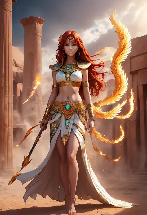 4K anime style quality, digital drawing mode, Ancient Egypt-themed anime female character, fiery red hair flowing like flames, glowing golden eyes, wearing an ornate Egyptian robe with phoenix motifs, holding a staff with a phoenix emblem, Blur the backgro...