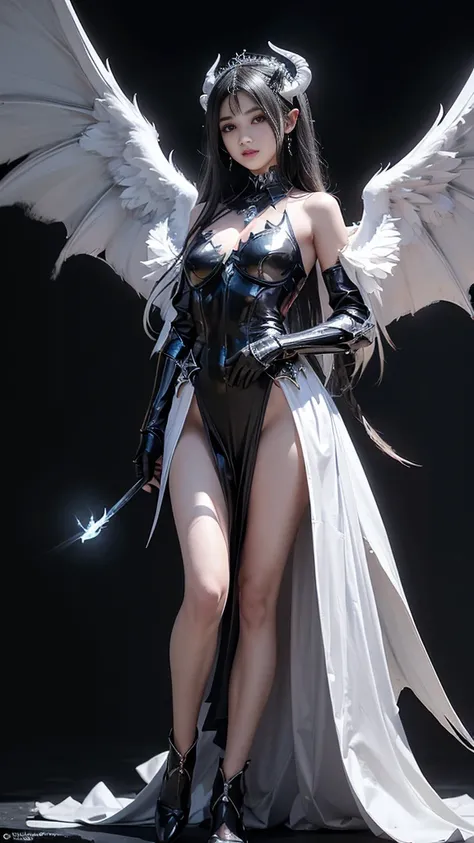 full body image, (Realistic picture, highest resolution, 16K), big wingsทุกปีก, (A demon with large wings and immense power., Twelve wings on the shoulders., Three black bat wings:1.5 , 3 white angel wings:1.5), Has 100 wings on the shoulders, There are 10...