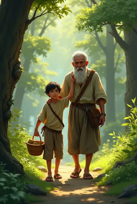 Young boy helping old man carry a basket in forest