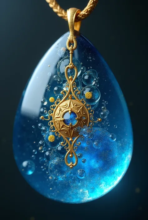 Blue translucent Dye Resin jewellery pendant with gold metal design inside it