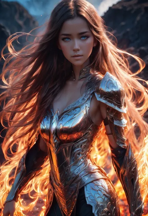 4K anime style quality, digital drawing mode,  fantasy-themed anime female character, fire ree hair flowing around her shoulders,  blue eyes glowing with magic, wearing a regal fire armor with ruby and metallic accent, standing in a volcanic landscape with...