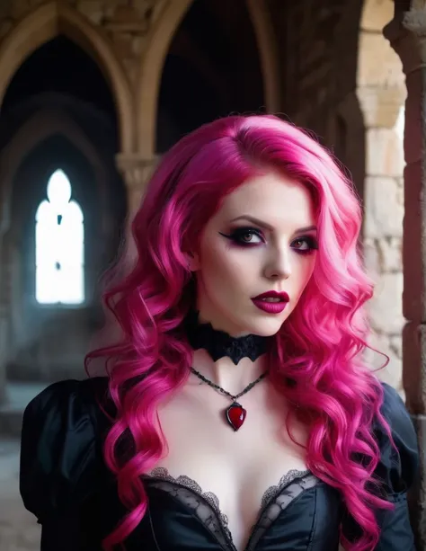 Very attractive 2 with wavy bright pink hair, dressed as a vampire, 2 bite marks on neck, inside a spooky castle, photo quality