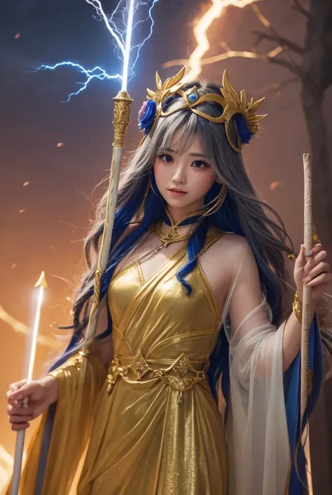 the goddess of thunder appeared with a clap of thunder、ramu、golden sheer dress、holding a walking stick in his hand