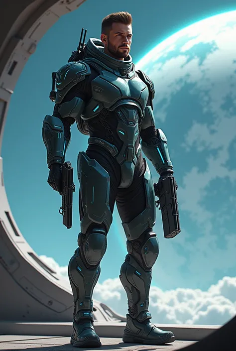 Handsome Man with a cyber space suite with an extra cyber guns standing on his ship behind the ship there is earth 