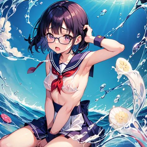 beautiful girl、Crying face、Sailor suit、Water is poured on、See-through clothing、No bra、Small breasts、Glasses、Spread your legs、Licking stick candy、Baby Face、Short hair