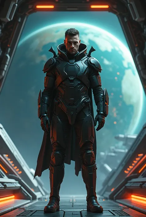 Handsome Man with a cyber space suite with an extra cyber guns standing on his ship behind the ship there is earth in wide view 