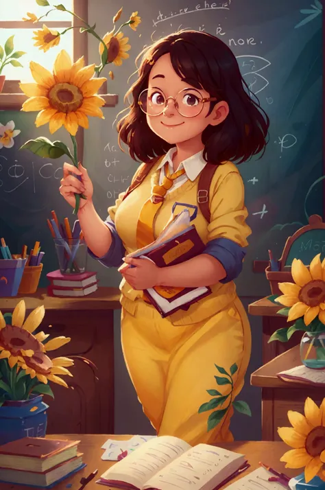 the classroom is filled with sunshine in the afternoon, A teacher wearing glasses happily holds flowers sent by students, warm tone, teacher‘s character design, Pixar style character