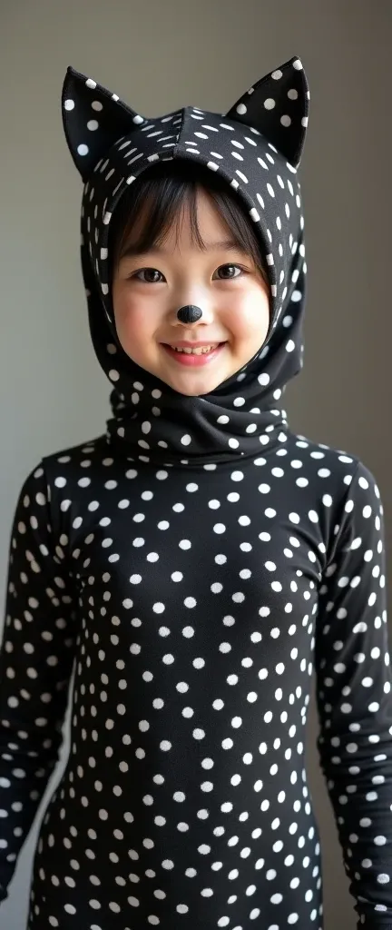 The beautiful Chinese asian adult girl with beautiful cheeks wears house cat lycra turtleneck unitard catsuit covered with spots and house cat lycra elastane stretchy dancewear inner hijab-like hood covered with spots.She is happy.She always put fake anima...