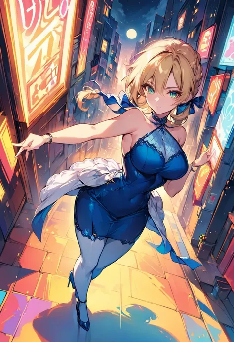 score_9, score_8_up, score_7_up, score_6_up, rating_safe, source_anime, BREAK Stylistic image of Artoria Pendragon (blonde, braid, ribbon, hair ribbon:1.2), BREAK cute blue halter dress, high heels, choker:1.3), BREAK walking in downtown Tokyo, neon lights...