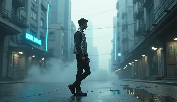 Close camera side shot to the boot of Asia male walking on the street of cyberpunk Saigon city, wearing a silver tech vest. Gray city, deserted streets, skyscrapers with sparkling blue LED lights. Lighting: Gray tones with dim neon lights. Effects: Smoke a...