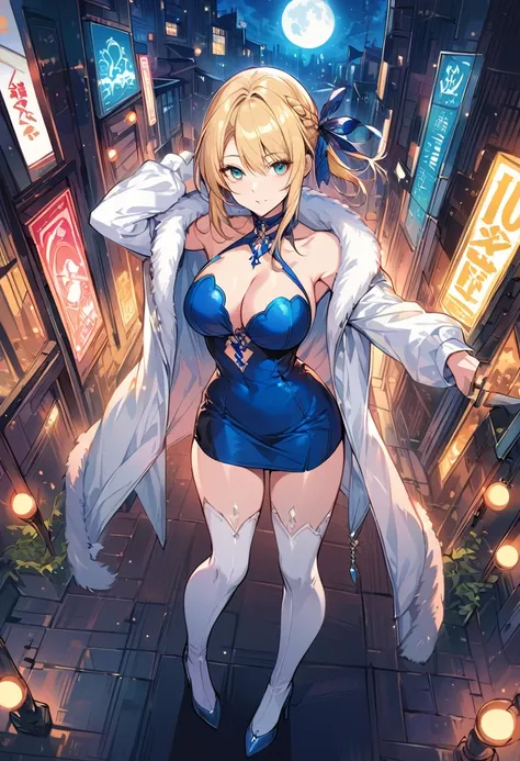 score_9, score_8_up, score_7_up, score_6_up, rating_safe, source_anime, BREAK Stylistic image of Artoria Pendragon (blonde, braid, ribbon, hair ribbon:1.2), BREAK tight blue halter dress, high heels, choker:1.3), BREAK walking in downtown Tokyo, neon light...