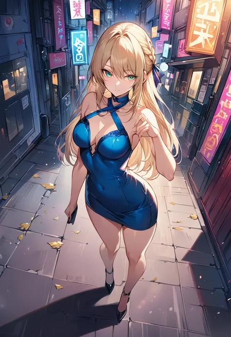 score_9, score_8_up, score_7_up, score_6_up, rating_safe, source_anime, BREAK Stylistic image of Artoria Pendragon (blonde, braid, ribbon, hair ribbon:1.2), BREAK tight blue halter dress, high heels, choker:1.3), BREAK walking in downtown Tokyo, neon light...