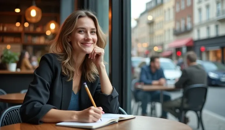 A modern-day person, sitting at a coffee shop, calmly writing in a journal. The person appears relaxed and focused, with a slight smile. The background shows the hustle and bustle of city life through the window, with people walking and cars passing by. Th...