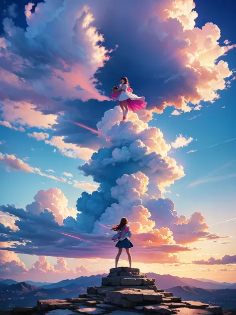 Highest quality、Beautiful colorful spectacular sky、cumulonimbus、Standing woman&#39;s back、Highly detailed and colorful、Fantasy