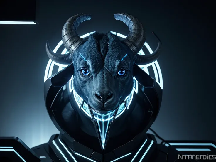 "Create a highly detailed 3D illustration of a blue goats head designed as an NFT, with a futuristic and high-tech theme. The goat head should be blue in color and represent a powerful, authoritative figure, like a CEO. The design should incorporate elemen...