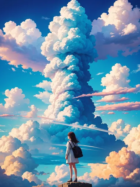 Highest quality、Beautiful colorful spectacular clouds、cumulonimbus、Shadow of a standing woman&#39;s back、Backlight、polarized light、Highly detailed and colorful、Fantasy