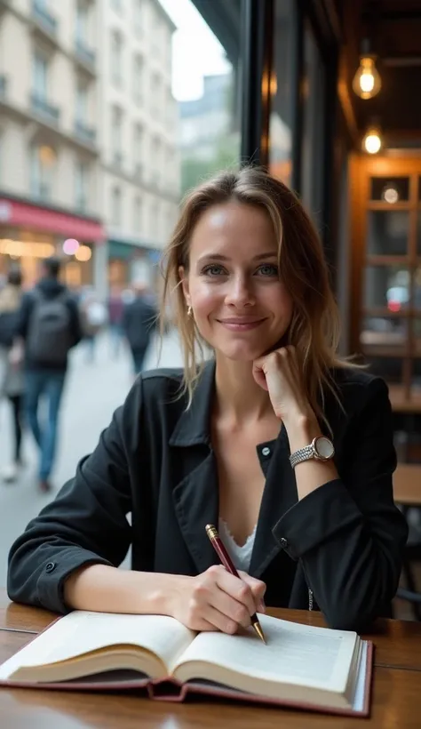 A modern-day person, sitting at a coffee shop, calmly writing in a journal. The person appears relaxed and focused, with a slight smile. The background shows the hustle and bustle of city life through the window, with people walking and cars passing by. Th...