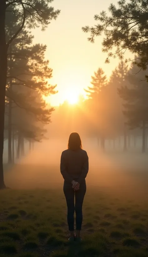 A serene landscape at sunrise, symbolizing peace and calm. The setting includes a misty forest with soft sunlight filtering through the trees. In the foreground, a lone figure stands calmly, hands folded behind their back, gazing at the horizon. The atmosp...