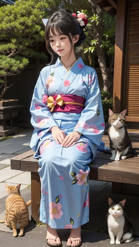 "A cute, fluffy cat wearing a traditional Japanese yukata with a colorful, floral pattern. The yukata is tied with a neat obi, and the cat looks adorable and dignified. The cat is sitting calmly, with its tail curled around its body, in a serene setting th...