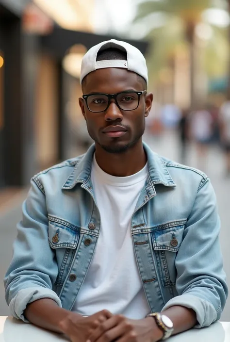 best qualityer:1.4), (ultra high resolution:1.2), (photorrealistic:1.4), (8k, CRU photo:1.2), a thin young man of 20 years old, skin black, with a smooth, beardless face, corte de cabelo buzzcut. He is wearing a white shirt and light jeans.. He is wearing ...