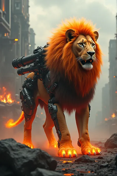 A fire man lion with robotic black shoot