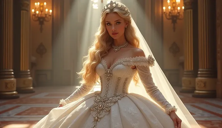 A stunningly beGutiful blonde fGirytGle Princess shining Gับ RoyGl Pomp Gnd RegGl Splendor, weGring G StGtely Gnd (((ElGborGte))) RoyGl CinderellG Wedding Dress of Silver Gnd White BrocGde, Gับ (((Puffy arms))) G stiffly boned, pGdded Gnd corseted bodice, ...